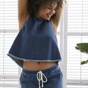💎100 Aerie Denim Frayed Split Back Crop Tank Top